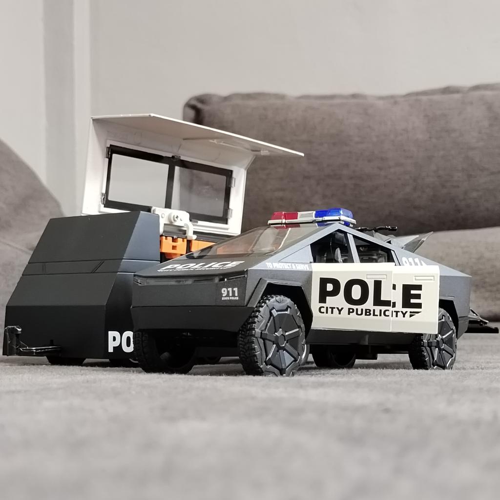 1/32 Tesla Police Cybertruck Trailer Off Road Pickup Truck Diecast Model Car Alloy Children's Toy RV Sound & Light Music Birthday Gift