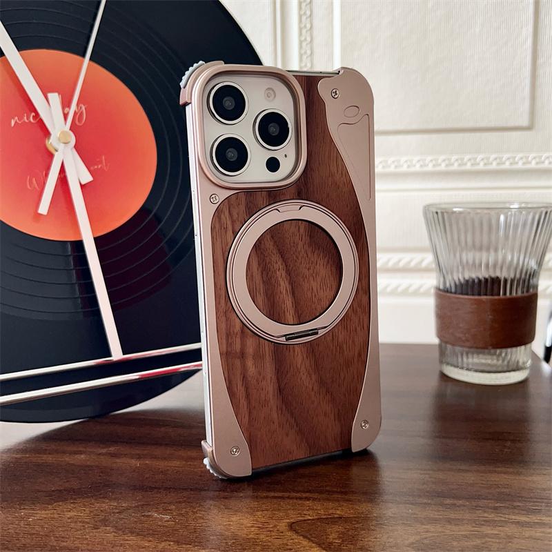 Walnut Wood Aluminum Metal Borderless Magnetic Phone Case For iPhone 15 16 Pro Max 360° Rotate Bracket Magsafe Shockproof Cover