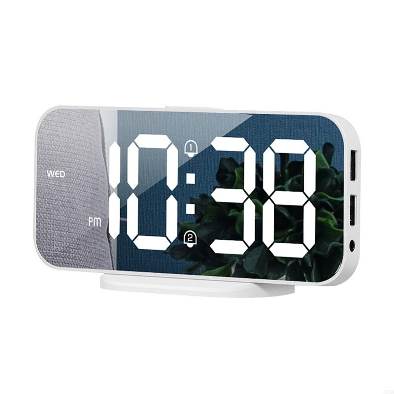 62KD 6.7Inch LED Mirrored Digital Alarm Clock with Adjusted Brightness USB 2 Alarms