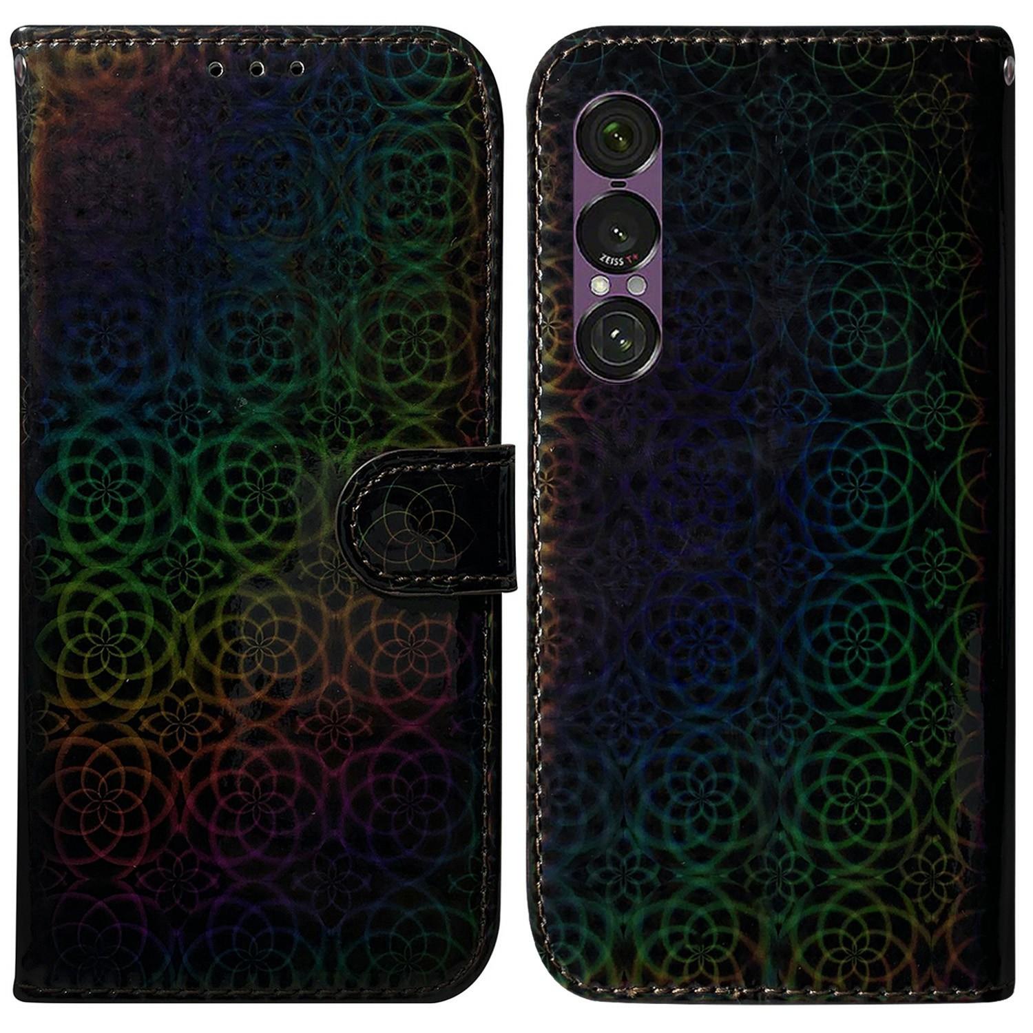

For Sony Xperia 1 VII Stand Case Dazzling Flower Leather Phone Cover with Wrist Strap Black