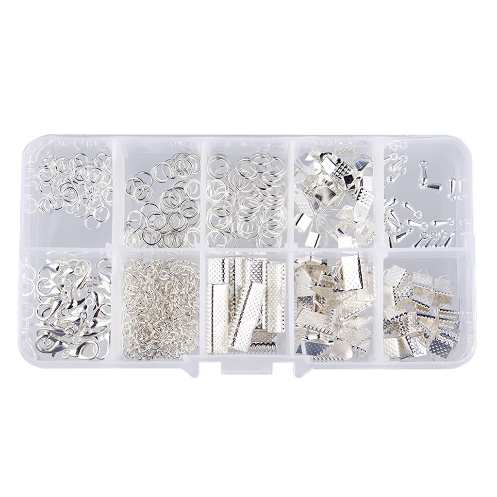 Cord Ends Lobster Claw Clasps Jump Rings Extension Chains Jewelry Findings Kit - Silver, 5MM