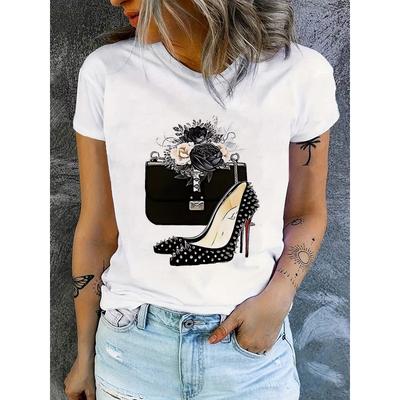 Europäische Größe High Heels Print Rundhals-T-Shirt, Lässiges Kurzarm-T-Shirt für Frühling & Sommer, Damenbekleidung