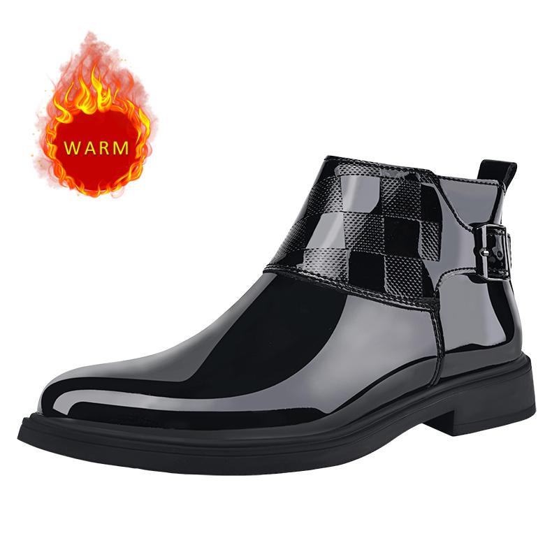 Classic Brand Men's Shiny Leather Shoes Pointed Formal Shoes Office Business Short Boots Men's Chelsea Boots Winter Cotton Boots