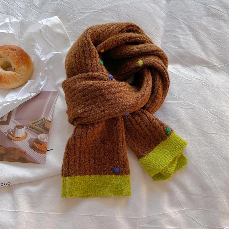 2024 Neuer Student Koreanische Ausgabe Vielseitiger Weißer Dicker Warmer Nackenschutz Regenbogenbonbon Gestrickter Schal