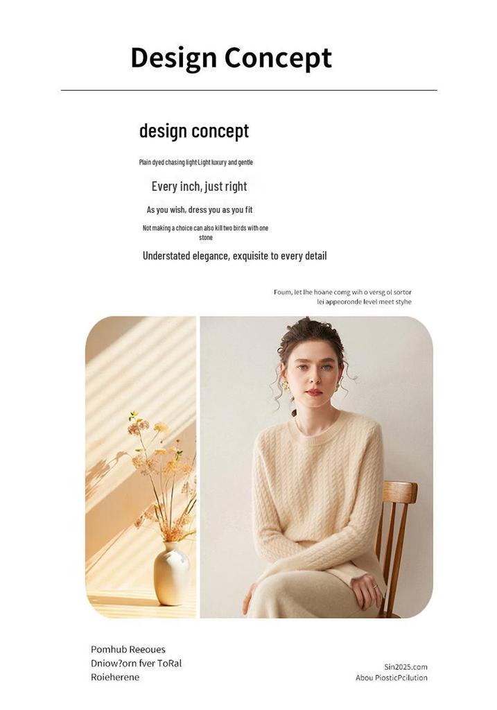 Women's Cashmere Round Neck Cable Knit Sweater - Thick, Loose Cuffs, Slit Design