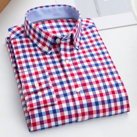 Casual Men Shirt Button Closure Single Breasted Pocket Design Long Sleeves Sweat Absorbent Cotton Blend Plaid Print Men Spring Shirt Men Garment