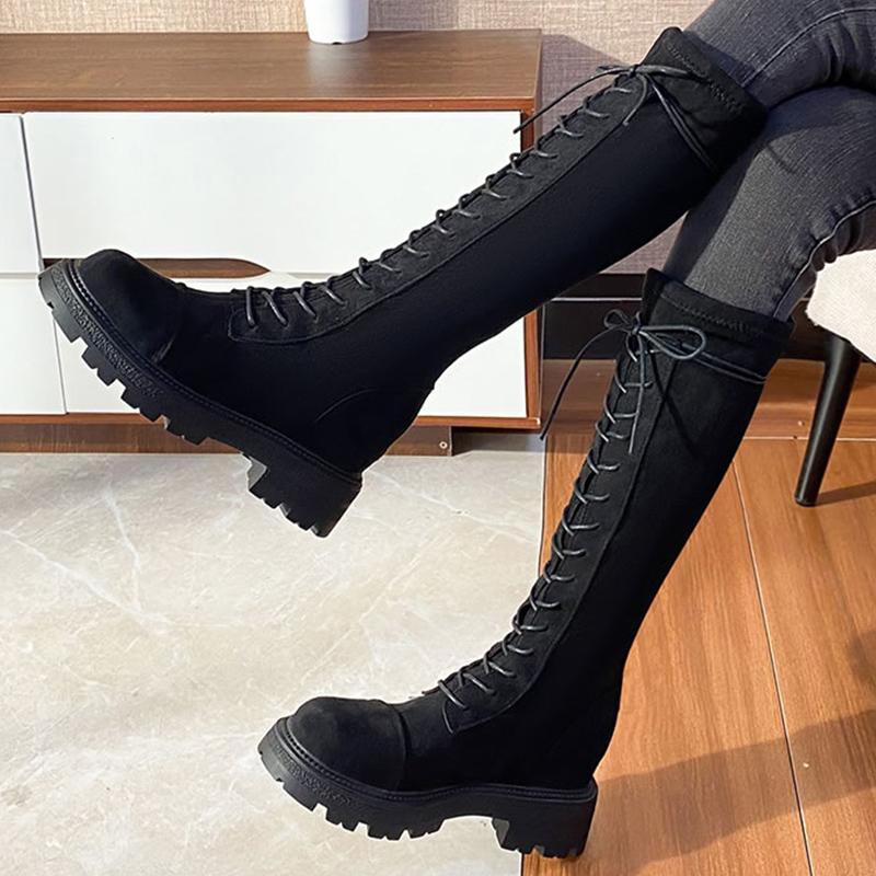Winter Women Chunky High Boots Suede Mid Heels Fashion Shoes Lace Up Motorcycle Boots 2025 Trend Winter Knee High Botas De Mujer