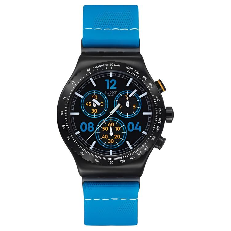 SWATCH I New Chrono Quartz Movement Unisex Watch 43mm Black Dial Stainless Steel Case Fabric Strap YVB100 Black Dial