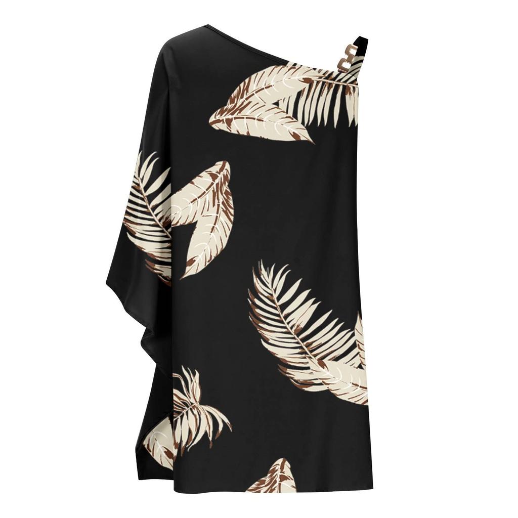 Women's Sexy Off-the-Shoulder One Strap Sloping Shoulder Printed Midi Dress