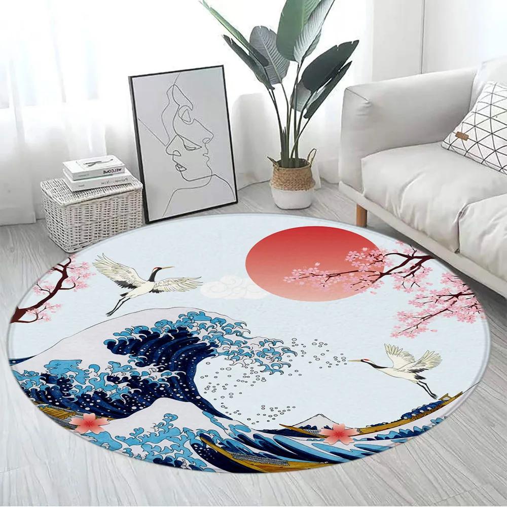 Japanese Style Round Carpet Mountain Cherry Blossom Koi Octopus Lotus Sea Waves Ink Art Living Room Home Decor Mats Floor Rugs