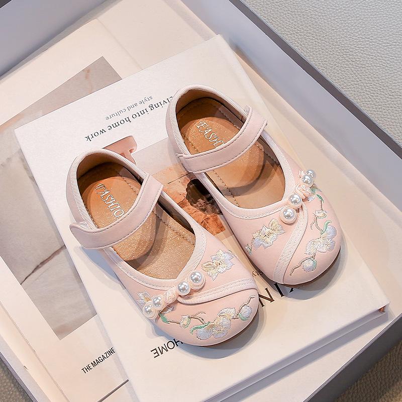 Girls Chinese Style Floral Embroidery Pearl Decor Magic Tape Mary Jane Shoes