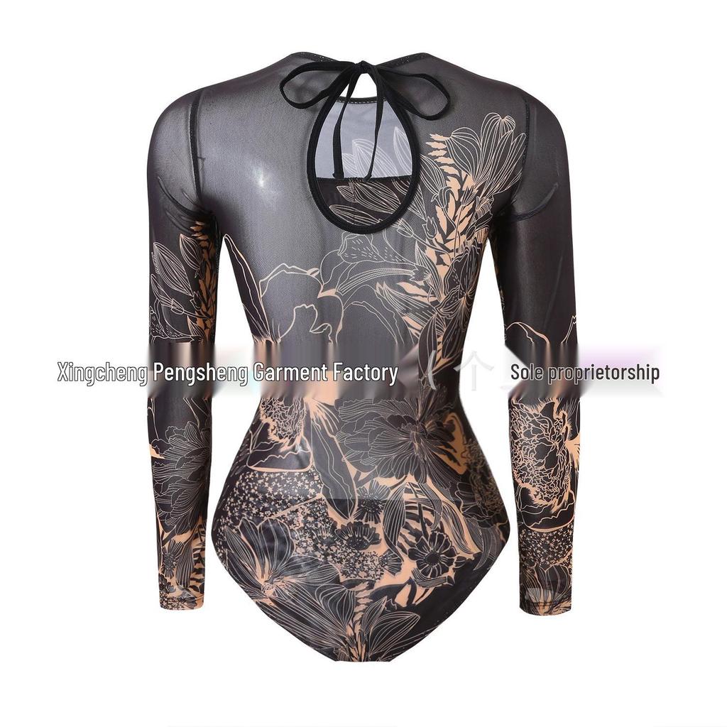 Women's Long Sleeve Mesh Sun Protection One-Piece Swimsuit with Skirt