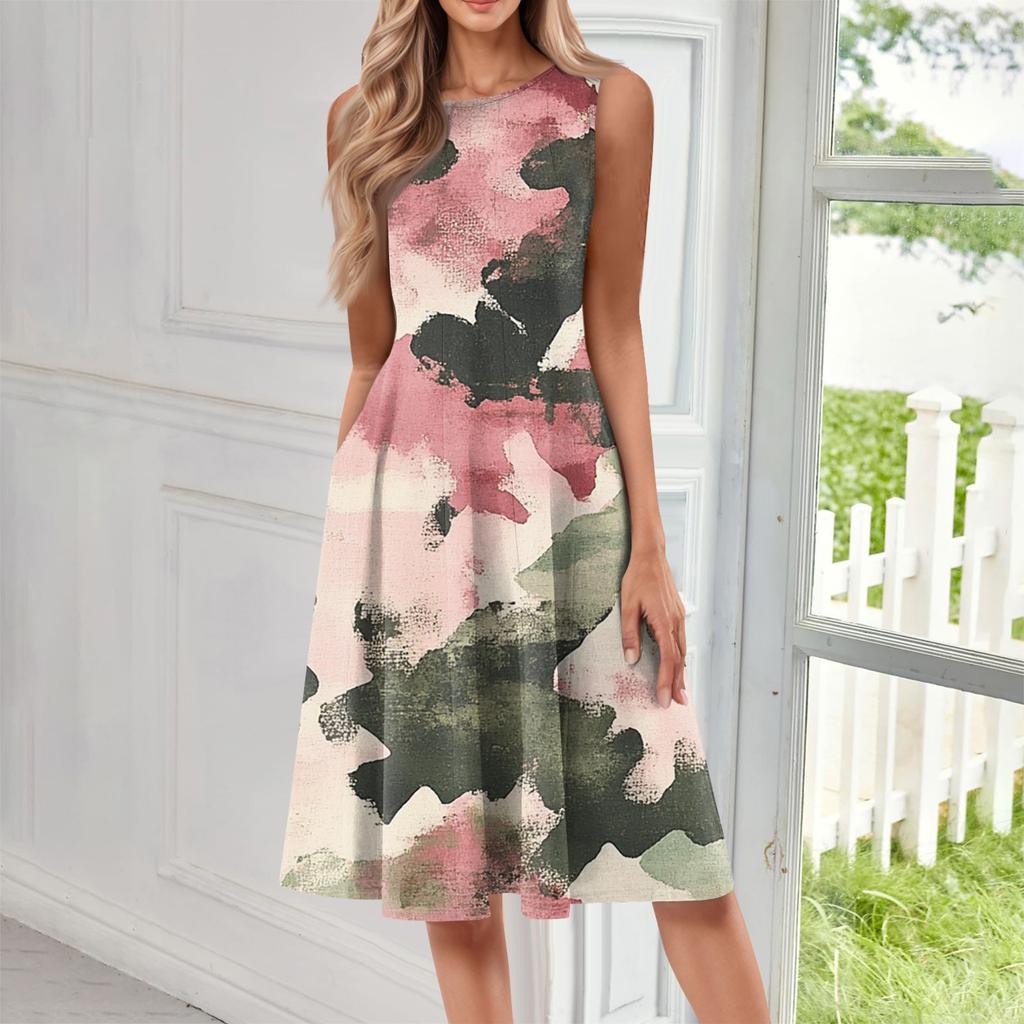 Women's Fashionable Round Neck Sleeveless Printed Casual Pullover Mid Length Dress