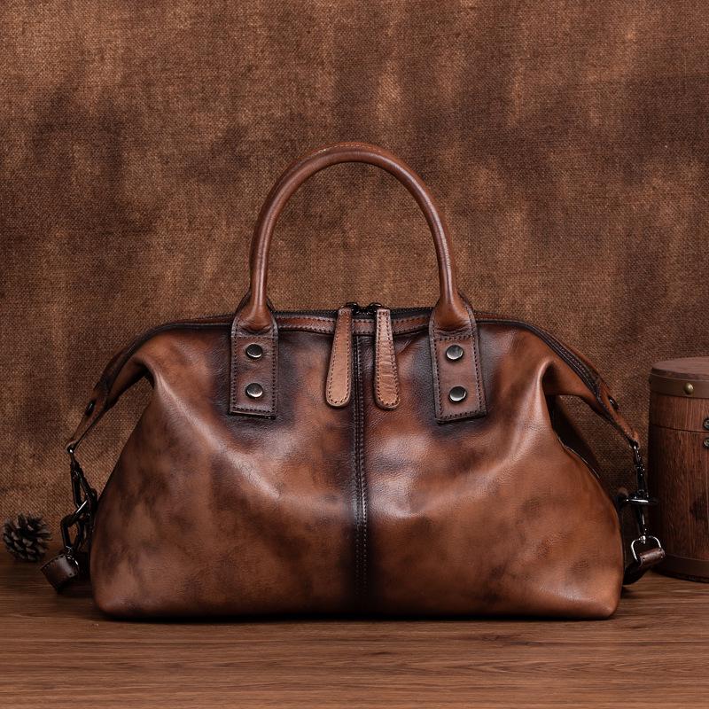 2025 European & American Retro Cowhide Women's Handbag - Top Layer, Color-Rubbed, Single Shoulder & Crossbody, Large Capacity