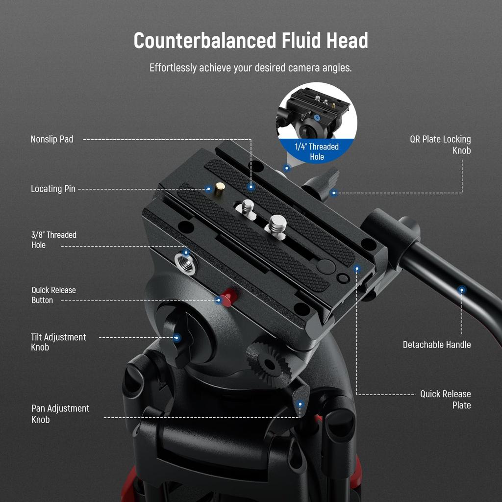 NEEWER Basic 187cm Video Tripod with Video High Camera Tripod with Dynamic Suitable for Maximum Load TP37 Head, Metal, Durability, Damping/Mid-Level
