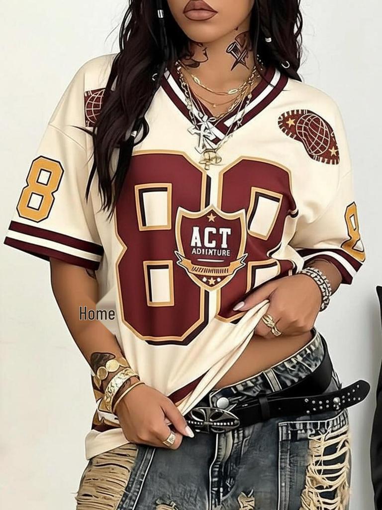 Women's Plus Size V-Neck Drop Shoulder Letter Print Loose Casual T-Shirt