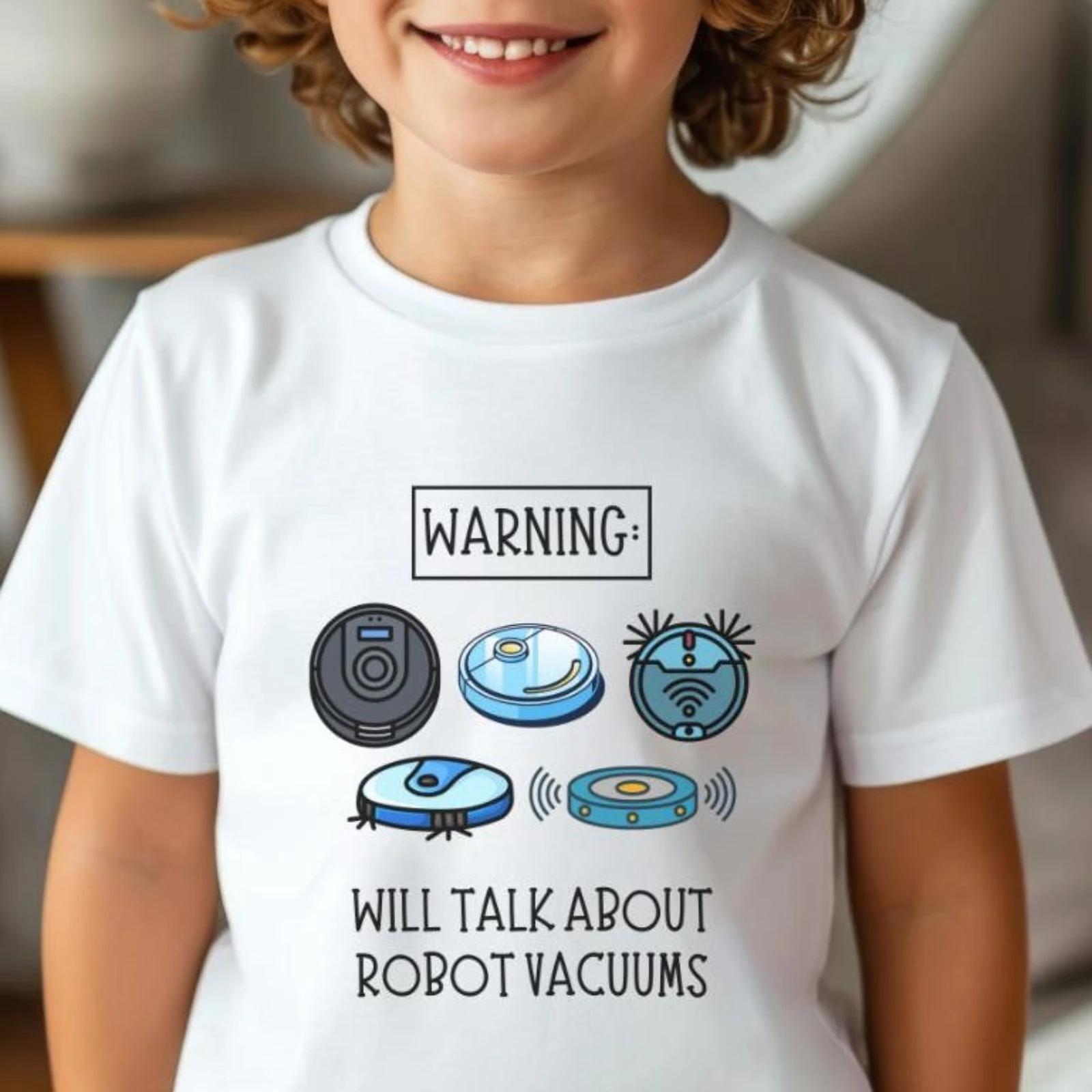 Funny Robot Vacuum Print Children TShirt Kid Tee Shirt Round Neck Surfing Boy Girl Tshirt Summer Short Sleeve 100