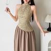 2026 European and American spring fashion new woven gold fabric splicing satin sleeveless dress dress