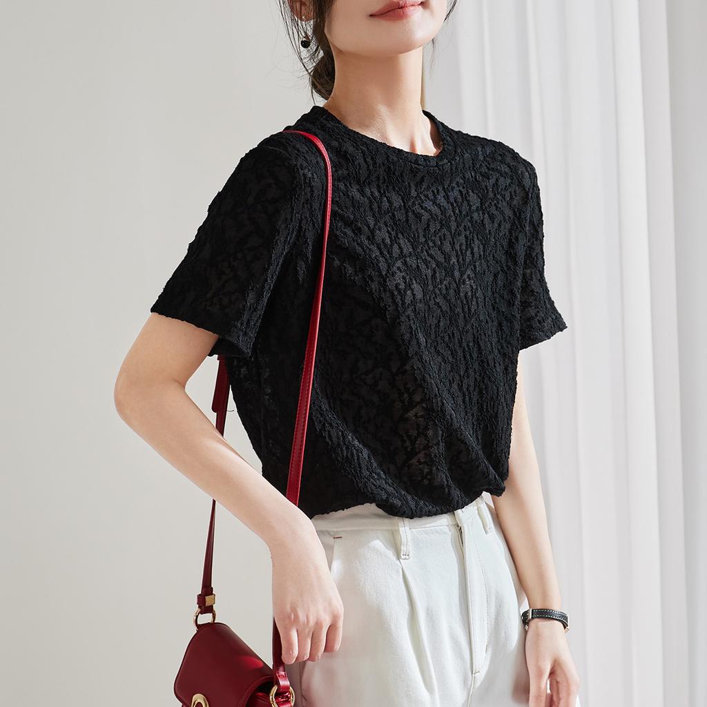 Texture Round Neck Short-Sleeved Shirt for Women
