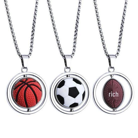 European American Creative Sports Pendant Necklace - Rotating Basketball & Football Design, Titanium Steel Sweater Chain Gift