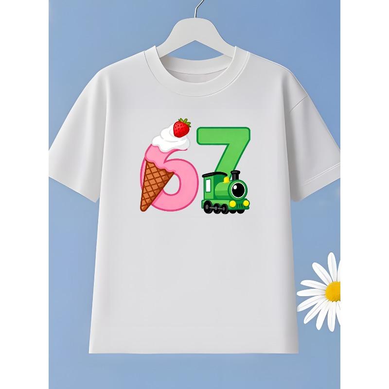 Kids Crewneck Short Sleeve T-Shirt, Number 67 Ice Cream Train Engine Print 110 белый