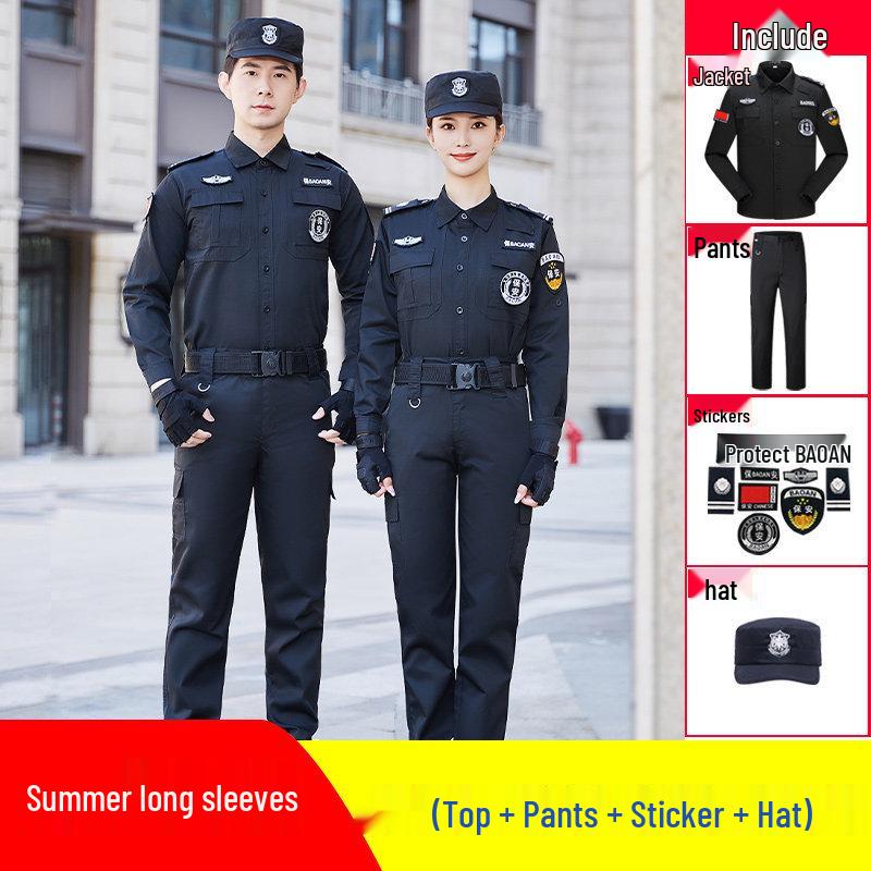 Men's Summer Security Uniform Short-Sleeve Set, Black Duty Training Attire for Property Management Community.