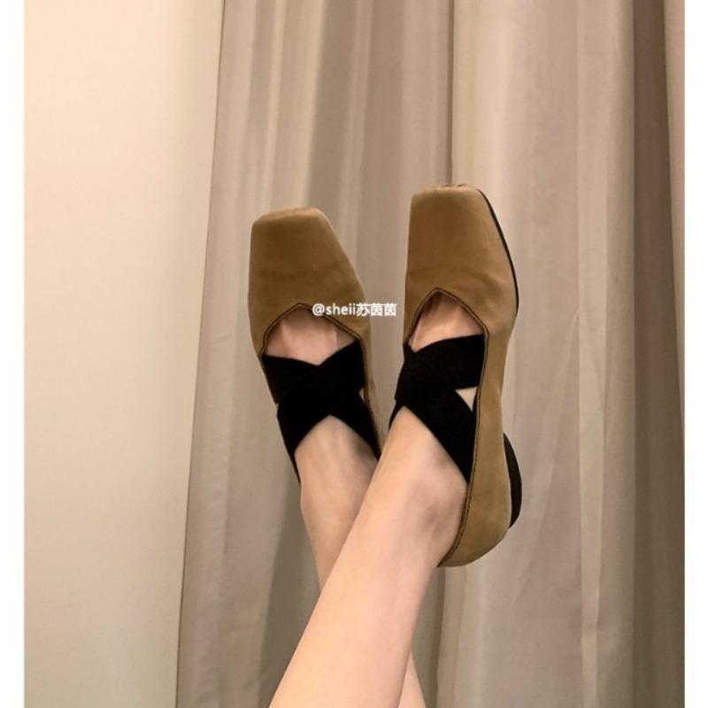 []~ Pig nose horse leather cross strap thick heel Mary Jane ballet shoes women's single shoes