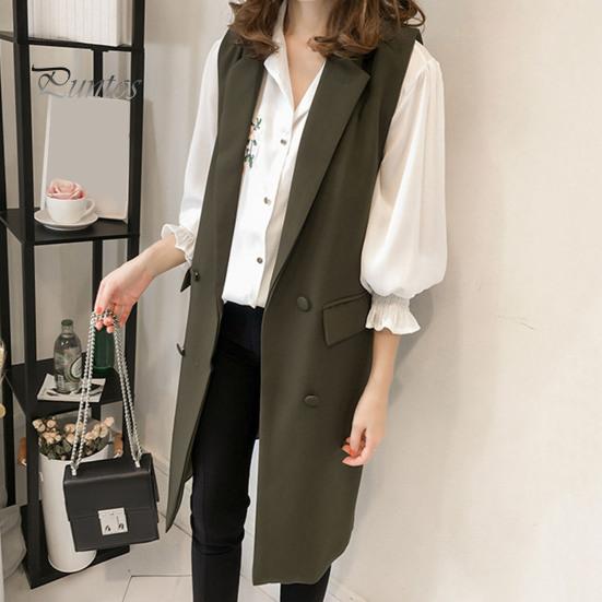 Podzim Jaro Ženy Vesta Stahovací límec Dvouřadý Volný Bez rukávů Délka Kapsy pod kolena Cardigan Jednobarevné Vesta na denní nošení