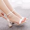7cm Thick Heel Shallow Mouth One-length Striped Square Heel Sandals White Satin Cloth Bridal Wedding Shoes Banquet Skirt Sandals