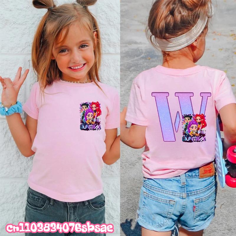 Fashion A-Z 26 Letter Print Kids Clothing Kpop Demon Hunters Graphic Y2k Tops Girls Boys Short Sleeve Tees Child T-shirts