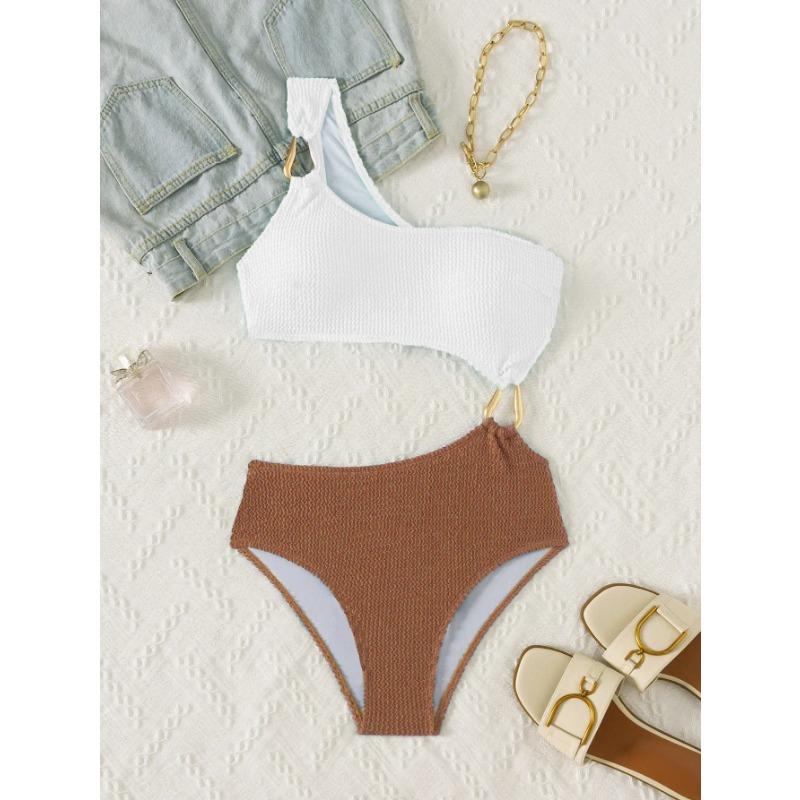 2025 New One-shoulder Bikini Sexy One-piece Women's Patchwork Swimsuit Tight Backless Swimwear Summer Push Up Beach Bathing Suit