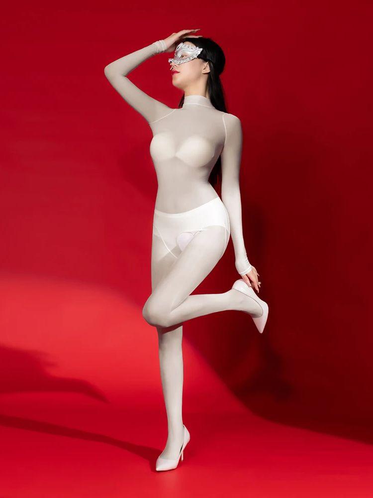 Hoge Halslijn Sprankelend Glanzend Grote Kruisloze Ontwerp Eendelig Bodystocking Catsuit Polyamide Panty Verleidelijke Leotard Verbonden Nachtkleding Unitard