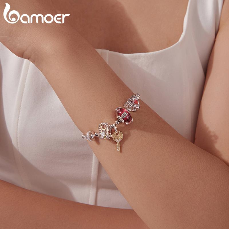 Bamoer 925 Sterling Silver Two-tone Love Heart Charm Celtic Murano Beads for Women Teens Bracelet Accessories DIY Valentine Gift