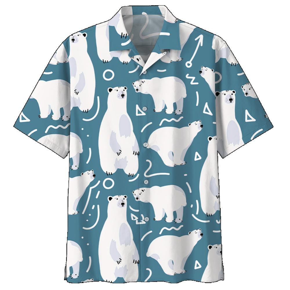 Cute Polar Bear Pattern Aloha Shirt For Men 3D Printed Panda Animal Short Sleeve Loose Lapel Hawaiian Shirts Button Blouse