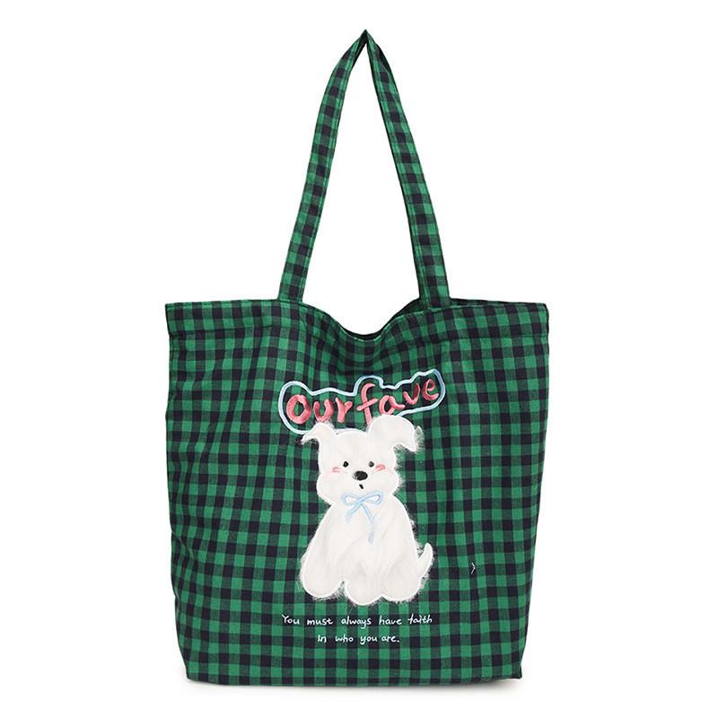 Checkered Embroidered Puppy Printed Canvas Shoulder Bag Outdoor Crossbody Bag