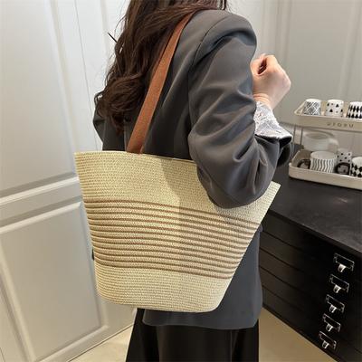 Classic Striped Straw Bucket Shoulder Bag for Women Large Capacity Casual Underarm Handbag Beach Tote