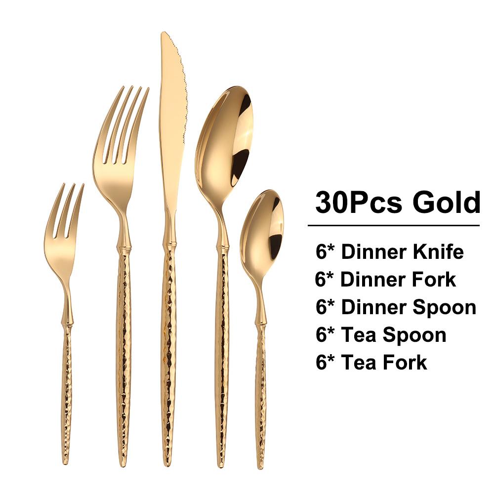 24/30/36Pcs Gold Cutlery Stainless Steel Sliver Tableware Set Hammer Pattern Handle Dinner Set Mirror Western Knife Spoon Fork