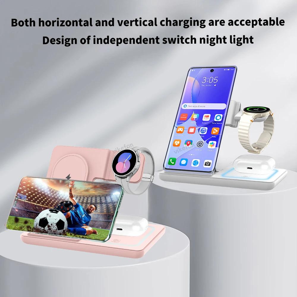 3 In 1 LED Light Foldable Wireless Charger Stand For Samsung S24 S23 Galaxy Watch 2-8 Active 1 2 Buds Pro Fast Charging Station