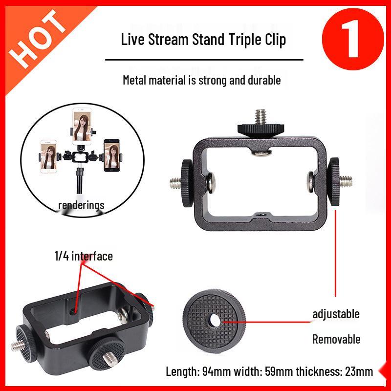 Multi-Angle Metal Base Tripod with Three Clip Heads for Mobile Phone Live Streaming