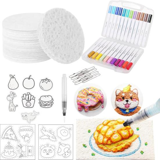 Magic Foam Texture Painting Kit 3D Drawing Magic Canvas Sponge with Water Brush Puffy Popcorn Painting Kit DIY Bubble Drawing Pens Art Supplies