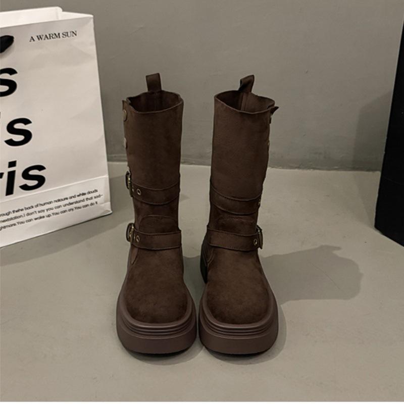 Thick-soled Martin boots for women's autumn and winter 2025 new retro suede medium boots belt buckle two wear western cowboy boots