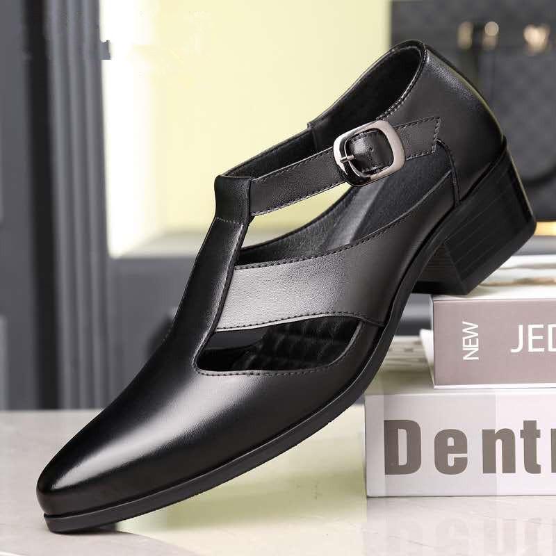 Fashion Mens Genuine Leather High Heel Dress Sandals Daily Business Office Work Sandals Trendy Hollow Pointed Toe Buckle Sandals204