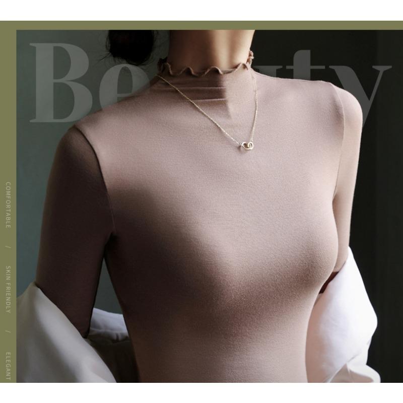 Women's Fall and Winter Inner Half High Neck Wooden Ear Trim Long Sleeve Top