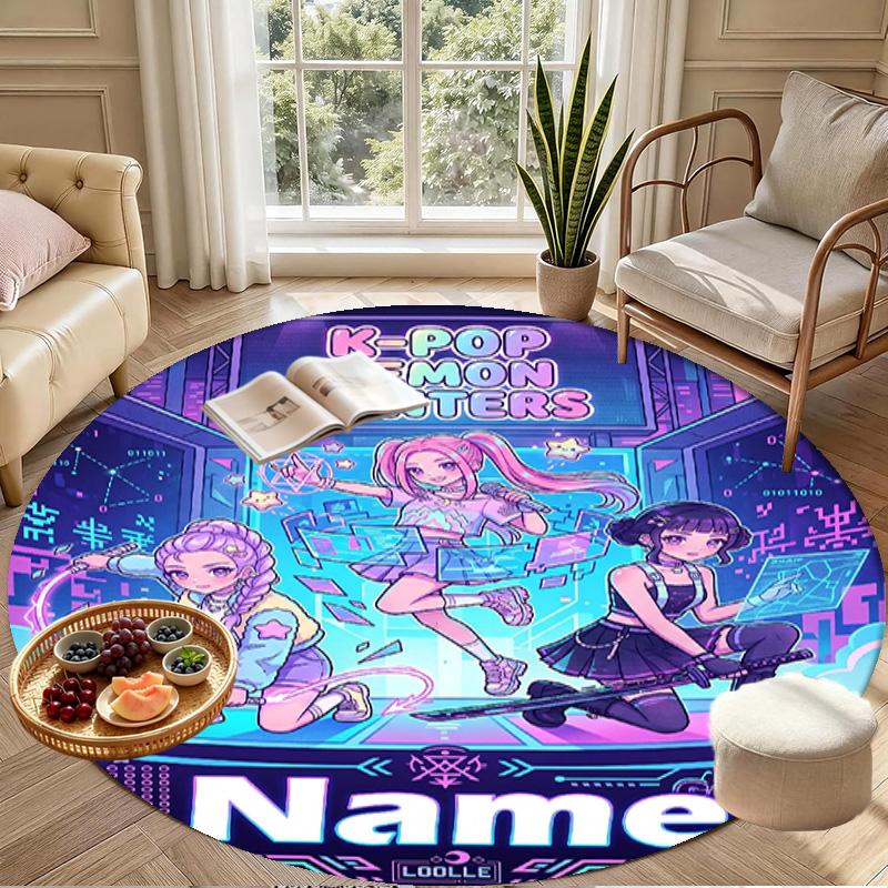 Custom Name Personalized Kpop Demon Hunter Print Round Rug, Versatile Home Decor Carpet, for Playroom, Apartment, Balcony, Entryway, Hallway Gift