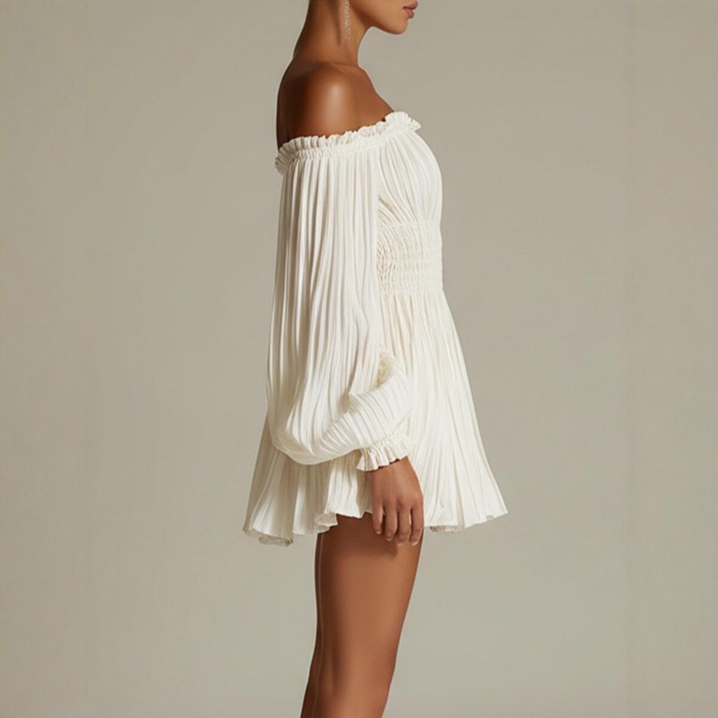 Women's Off Shoulder Ruched Bubble Sleeve Mini Dress Solid Color Smocked Waist Flounced Hem Dress