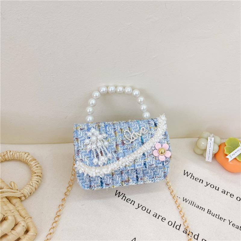 Charming Lightweight Canvas Mini Pearl Purse Fashionable Crossbody Bag For Girls Blue Mix