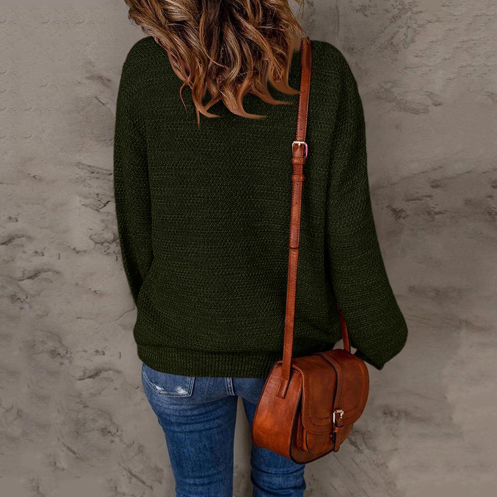 Women's Fashion Round Neck Pullover Sweater Casual Versatile Solid Color Knit Top