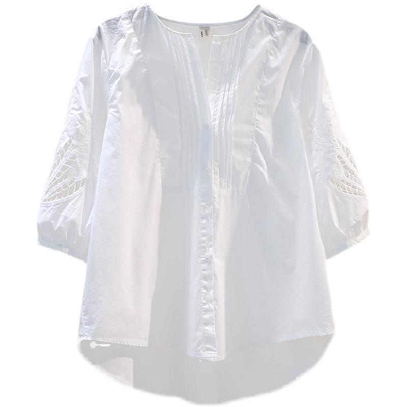 100% Cotton Embroidered Blouses Women Shirt Mid-sleeve Hollow Summer Top O-neck Loose Casual Button Up White Female Shirt