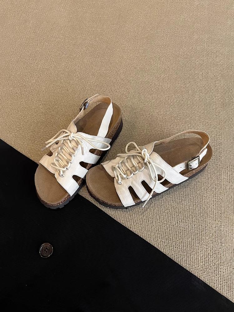 Spot version~ Summer new hollow lace-up Roman shoes for women to wear retro round head versatile platform beach sandals