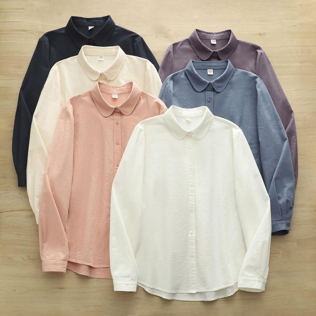 Women's Casual Round Neck Long Sleeve Brushed Cotton Shirt for Winter and Autumn